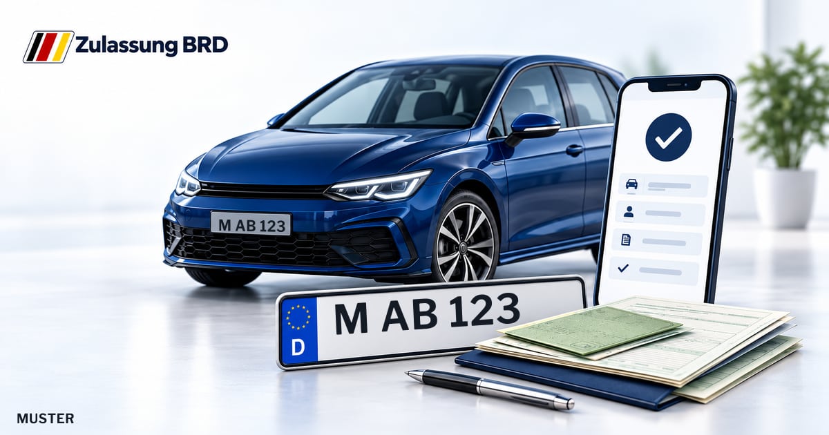 Online Fahrzeugzulassung in Unterföhring: Musterkennzeichen M AB 123, Auto und Fahrzeugpapiere und Smartphone. Illustration mit Logo von Zulassung BRD.